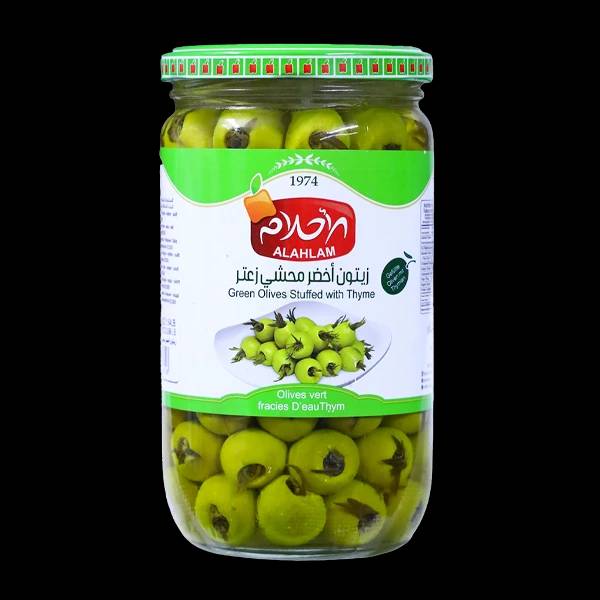 زيتون اخضر محشي زعتر450غ مطربان زجاج