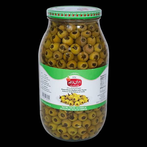 زيتون اخضر محشي زعتر 2000غ مطربان زجاج