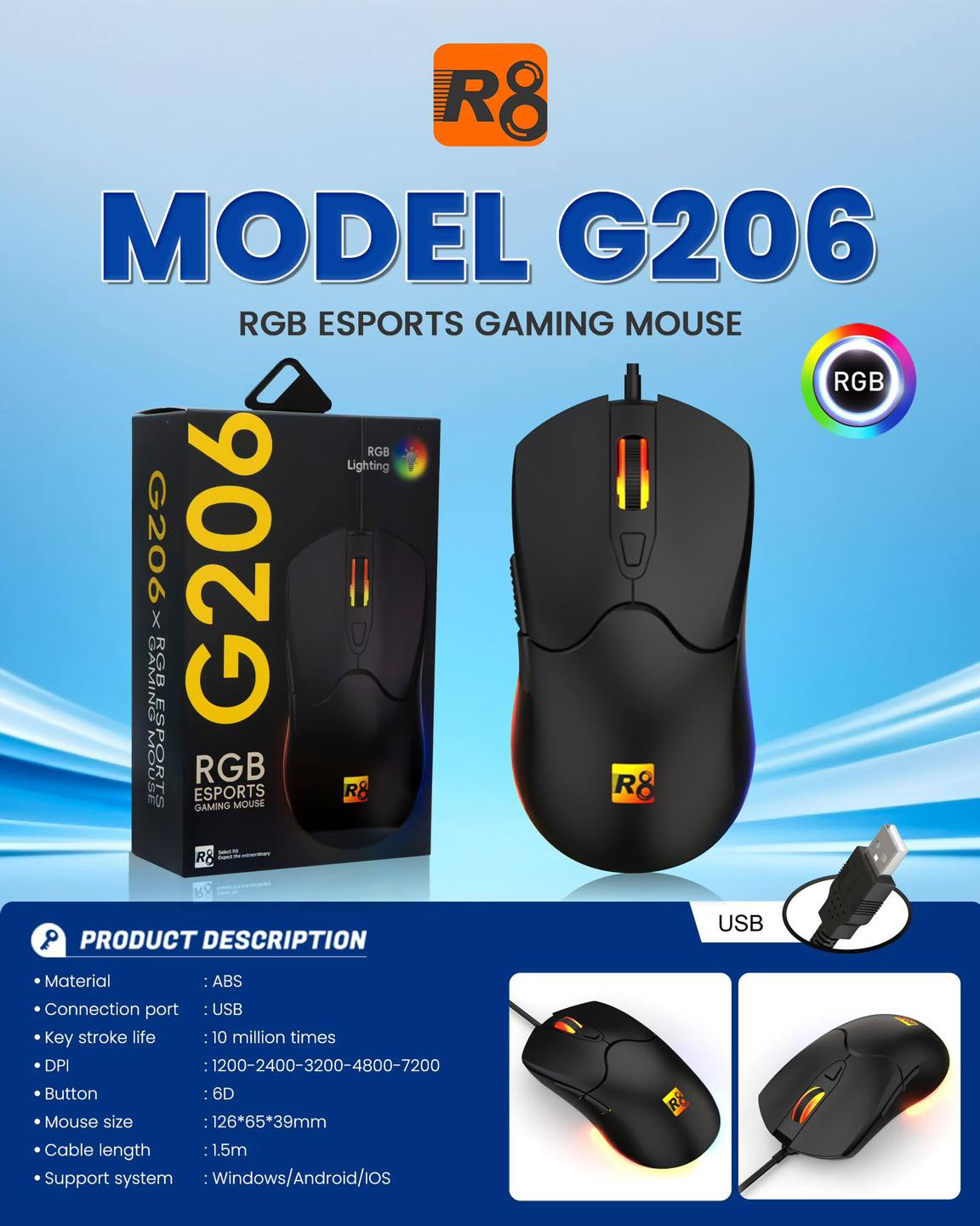 R8 G206 Wired ESPORTS RGB Gaming Mouse